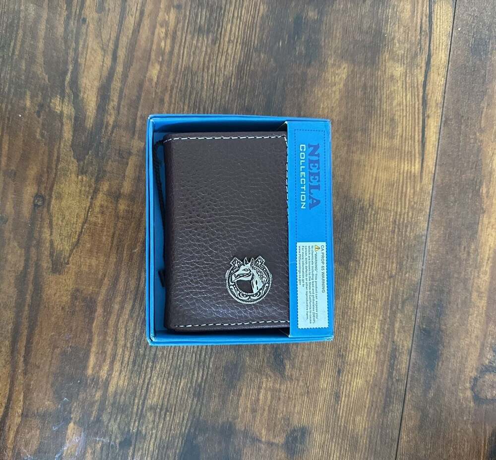 Neela Collection Men's Brown Pebble Faux Leather Trifold Wallet with Horse